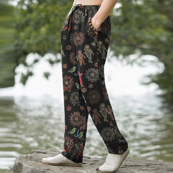 Buddha Stones Pantalon fuselé pour homme en coton à motif bohème soleil, avec poches - image 1