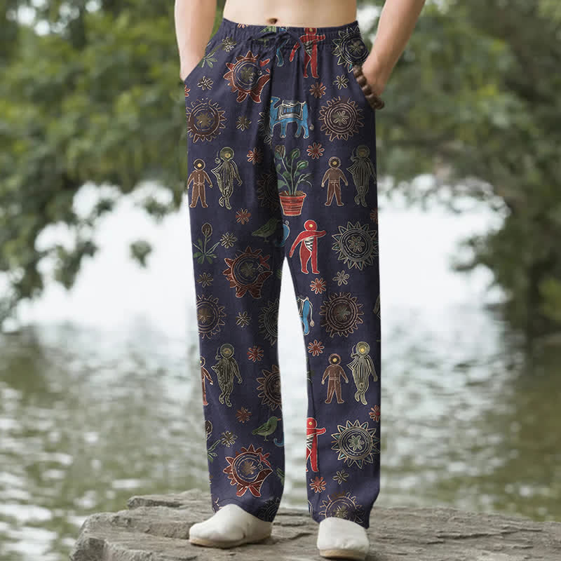 Buddha Stones Pantalon fuselé pour homme en coton à motif bohème soleil, avec poches - Marine - US/UK/AU50，EU60 (5XL) - image 4