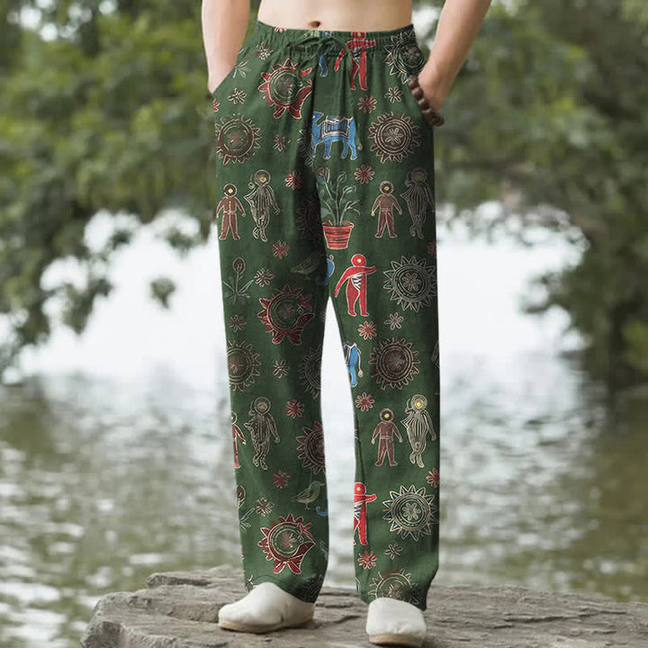 Buddha Stones Pantalon fuselé pour homme en coton à motif bohème soleil, avec poches - Vert forêt - US/UK/AU50，EU60 (5XL) - image 6