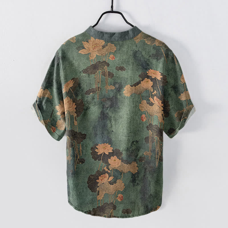 Buddha Stones Chemise homme à manches courtes et demi-boutonnée en coton à motif floral lotus - image 1