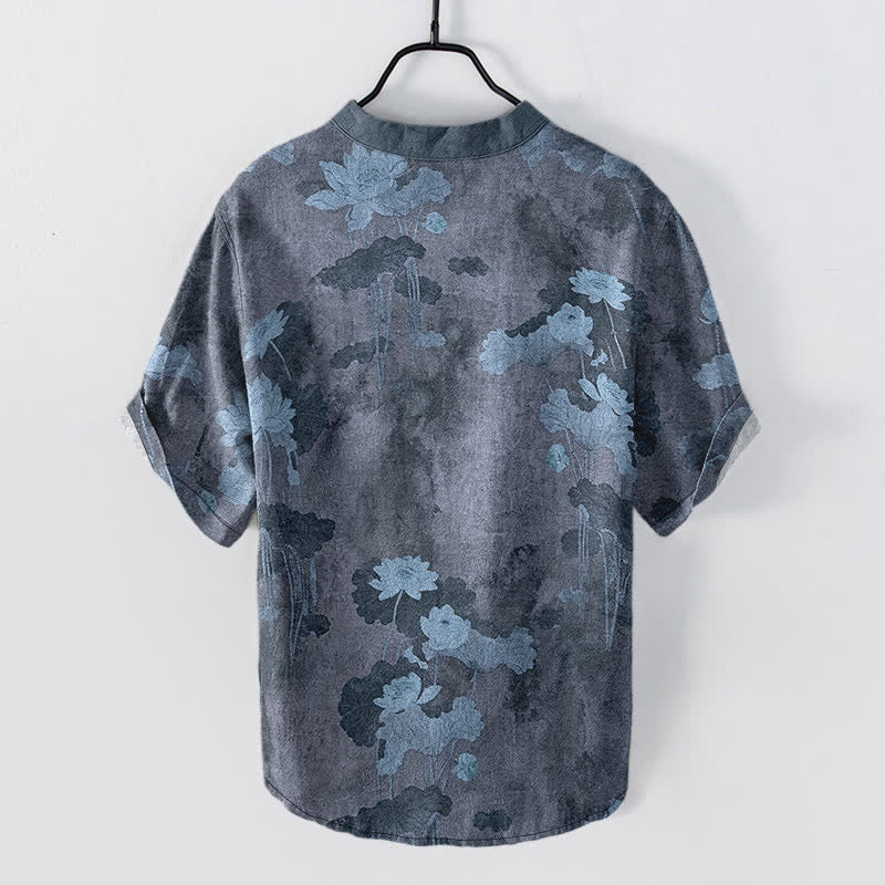 Buddha Stones Chemise homme à manches courtes et demi-boutonnée en coton à motif floral lotus - image 6