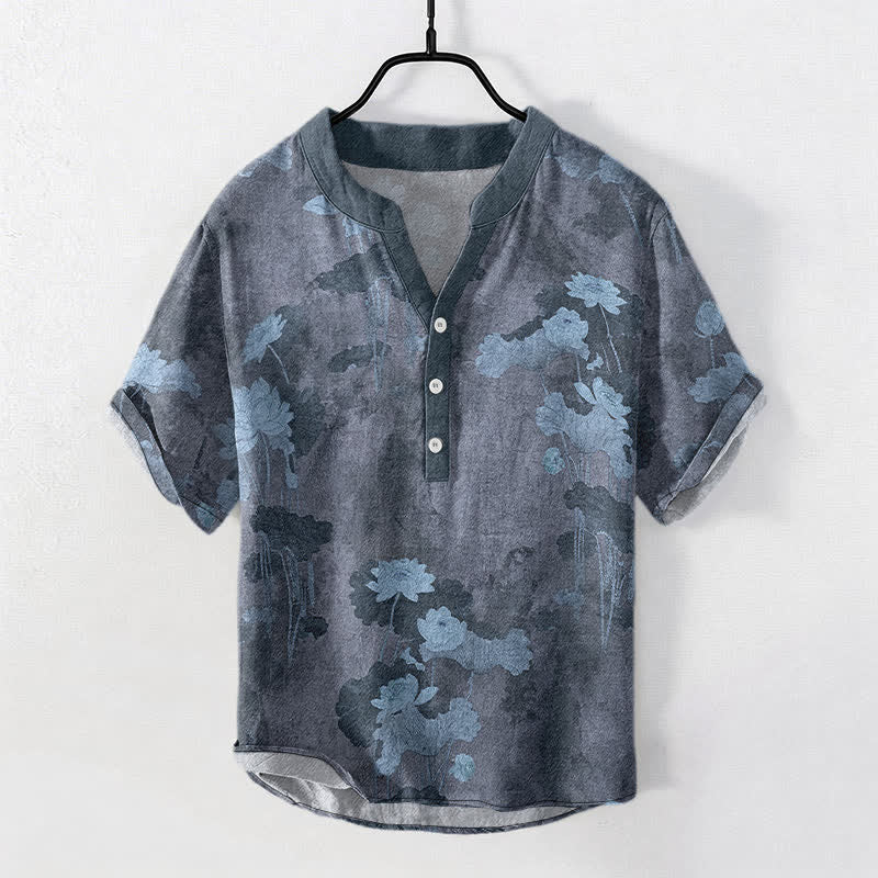 Buddha Stones Chemise homme à manches courtes et demi-boutonnée en coton à motif floral lotus - Gris ardoise - US/UK/AU50，EU60 (5XL) - image 5