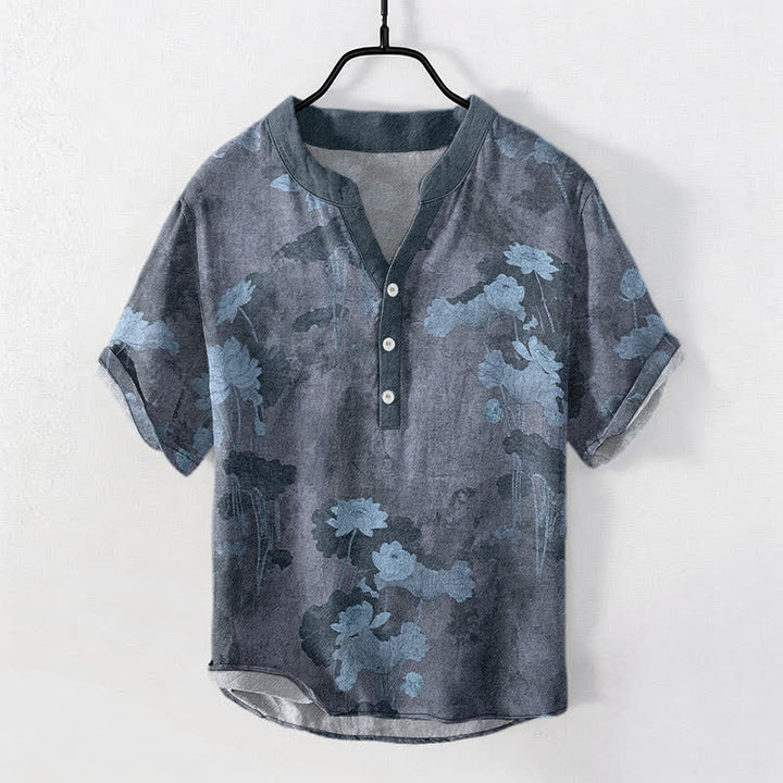 Buddha Stones Chemise homme à manches courtes et demi-boutonnée en coton à motif floral lotus - Gris ardoise - US/UK/AU50，EU60 (5XL) - image 5