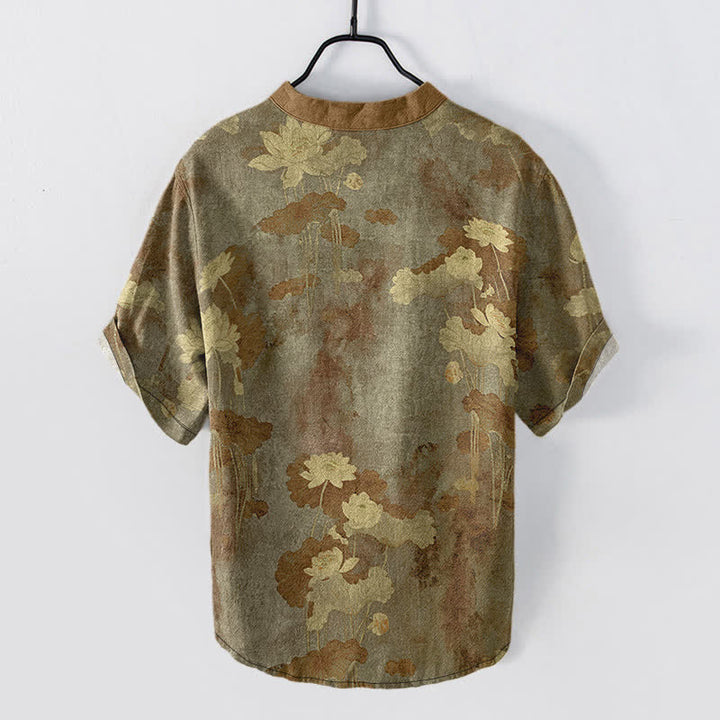 Buddha Stones Chemise homme à manches courtes et demi-boutonnée en coton à motif floral lotus - image 8