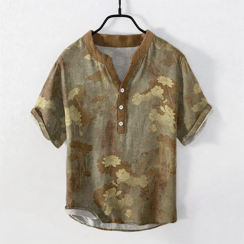 Buddha Stones Chemise homme à manches courtes et demi-boutonnée en coton à motif floral lotus - Olive - US/UK/AU50，EU60 (5XL) - image 7