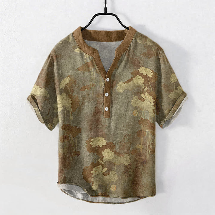 Buddha Stones Chemise homme à manches courtes et demi-boutonnée en coton à motif floral lotus - Olive - US/UK/AU50，EU60 (5XL) - image 7