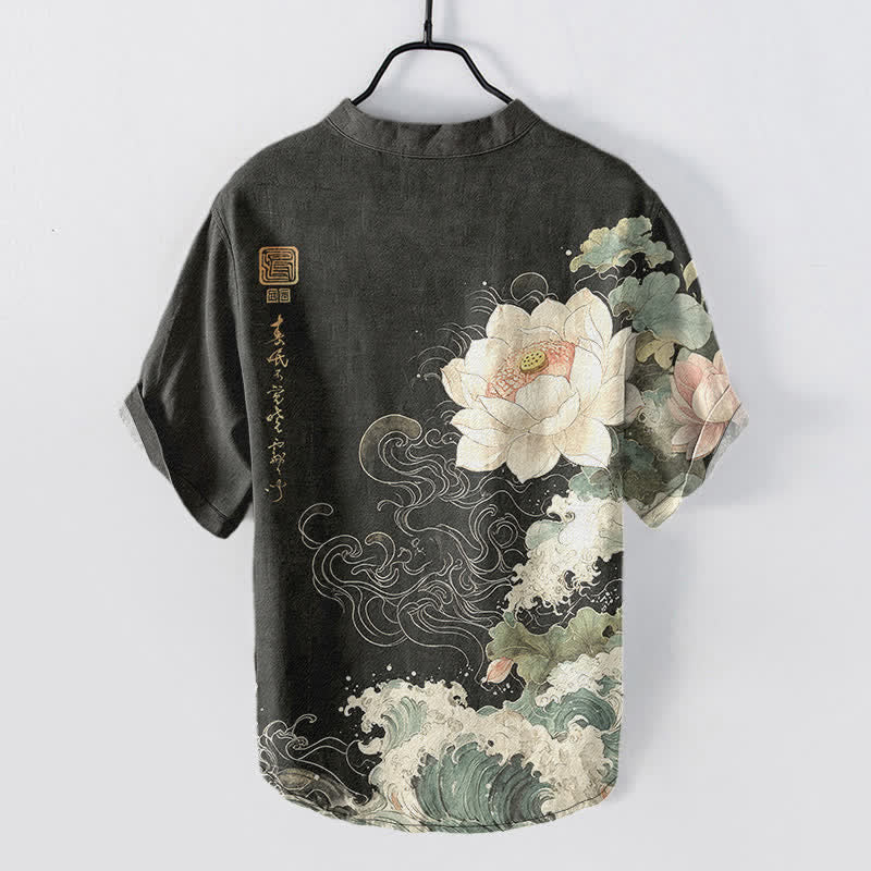 Buddha Stones Chemise homme à manches courtes et demi-boutonnages, motif vagues de lotus en coton - image 1