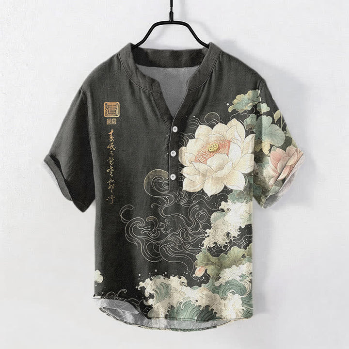 Buddha Stones Chemise homme à manches courtes et demi-boutonnages, motif vagues de lotus en coton - Gris terne - US/UK/AU50，EU60 (5XL) - image 0