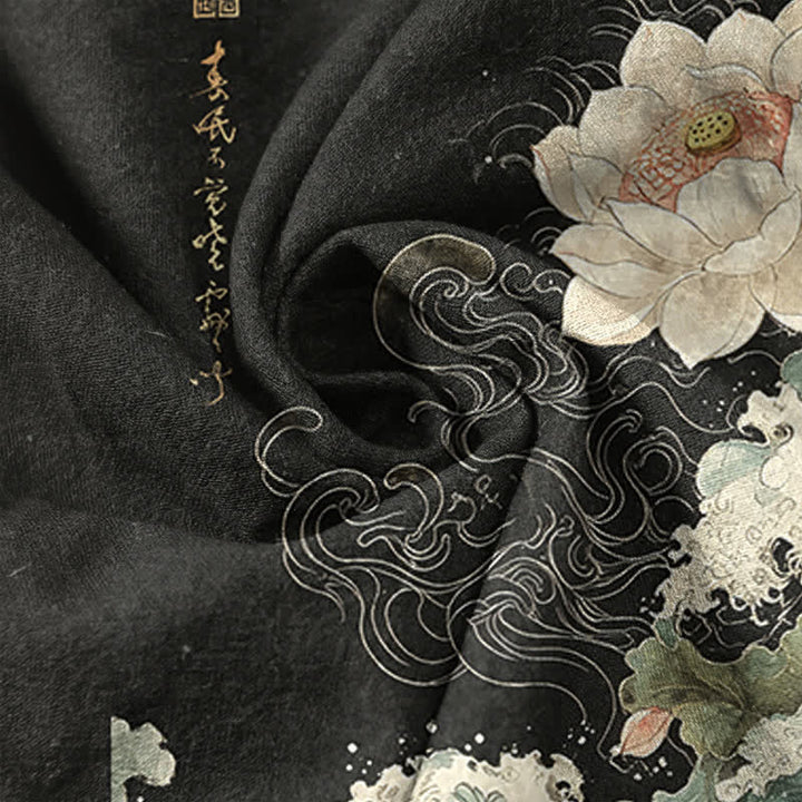 Buddha Stones Chemise homme à manches courtes et demi-boutonnages, motif vagues de lotus en coton - image 4