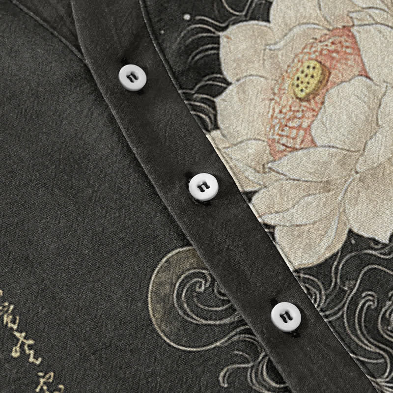 Buddha Stones Chemise homme à manches courtes et demi-boutonnages, motif vagues de lotus en coton - image 3