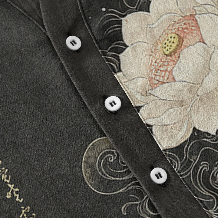 Buddha Stones Chemise homme à manches courtes et demi-boutonnages, motif vagues de lotus en coton - image 3