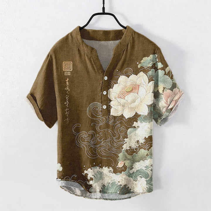 Buddha Stones Chemise homme à manches courtes et demi-boutonnages, motif vagues de lotus en coton - SaddleBrown - US/UK/AU50，EU60 (5XL) - image 5