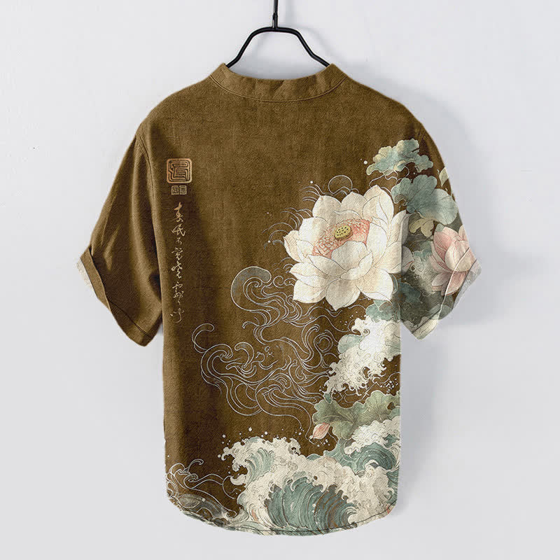 Buddha Stones Chemise homme à manches courtes et demi-boutonnages, motif vagues de lotus en coton - image 6