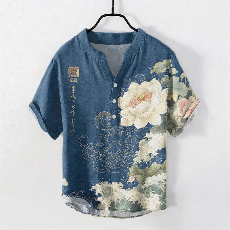 Buddha Stones Chemise homme à manches courtes et demi-boutonnages, motif vagues de lotus en coton - SteelBlue - US/UK/AU50，EU60 (5XL) - image 7