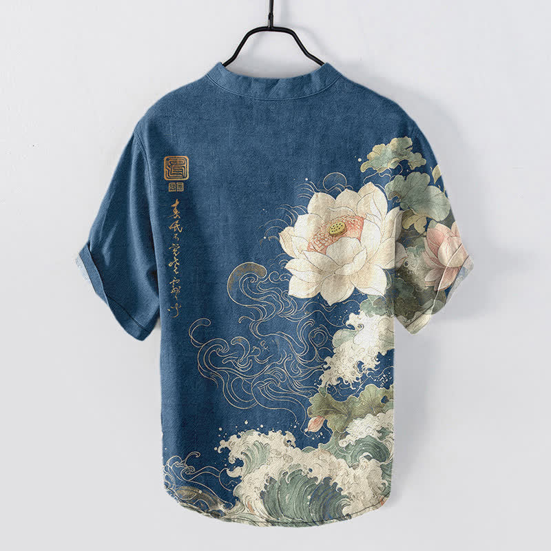 Buddha Stones Chemise homme à manches courtes et demi-boutonnages, motif vagues de lotus en coton - image 8