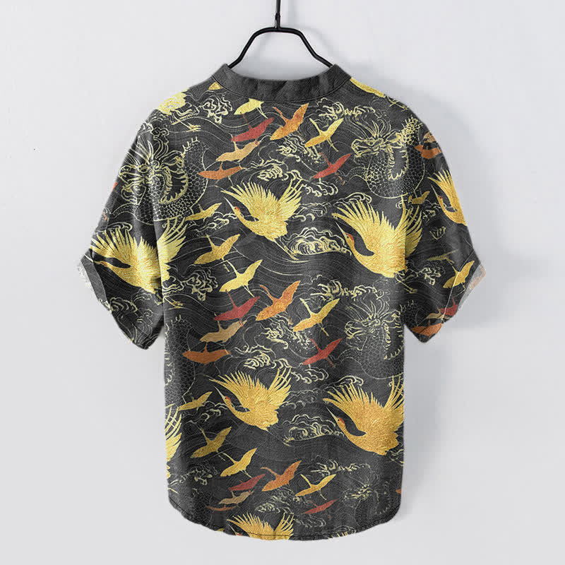 Buddha Stones Chemise homme à manches courtes et demi-boutonnée en coton à motif de grues volantes - image 1