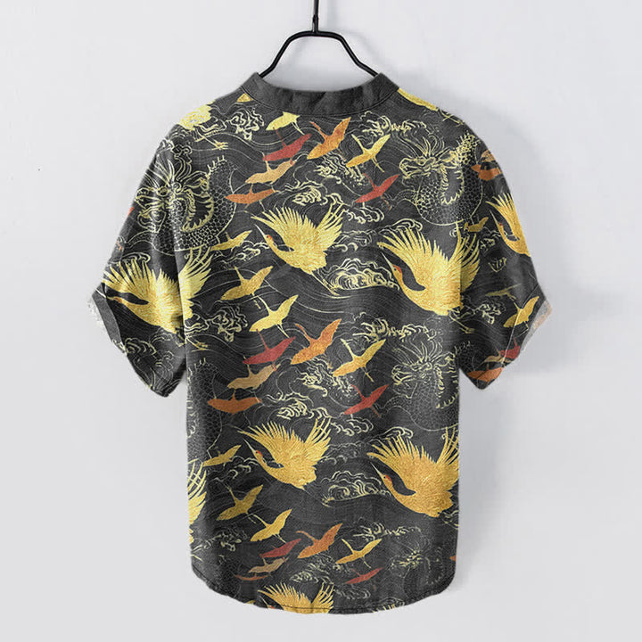 Buddha Stones Chemise homme à manches courtes et demi-boutonnée en coton à motif de grues volantes - image 1