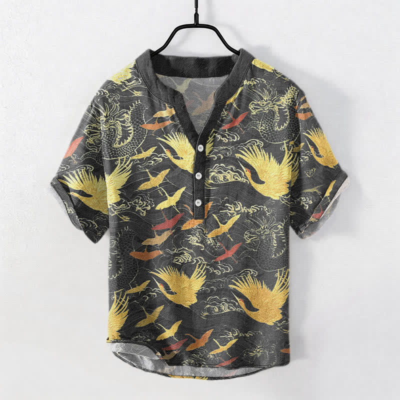 Buddha Stones Chemise homme à manches courtes et demi-boutonnée en coton à motif de grues volantes - Gris terne - US/UK/AU50，EU60 (5XL) - image 0