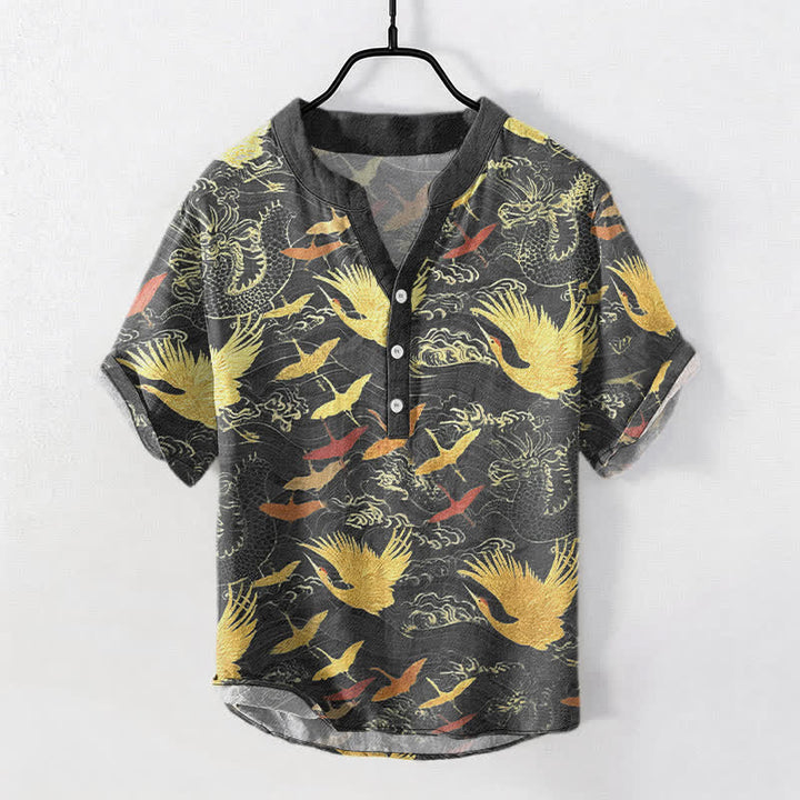 Buddha Stones Chemise homme à manches courtes et demi-boutonnée en coton à motif de grues volantes - Gris terne - US/UK/AU50，EU60 (5XL) - image 0
