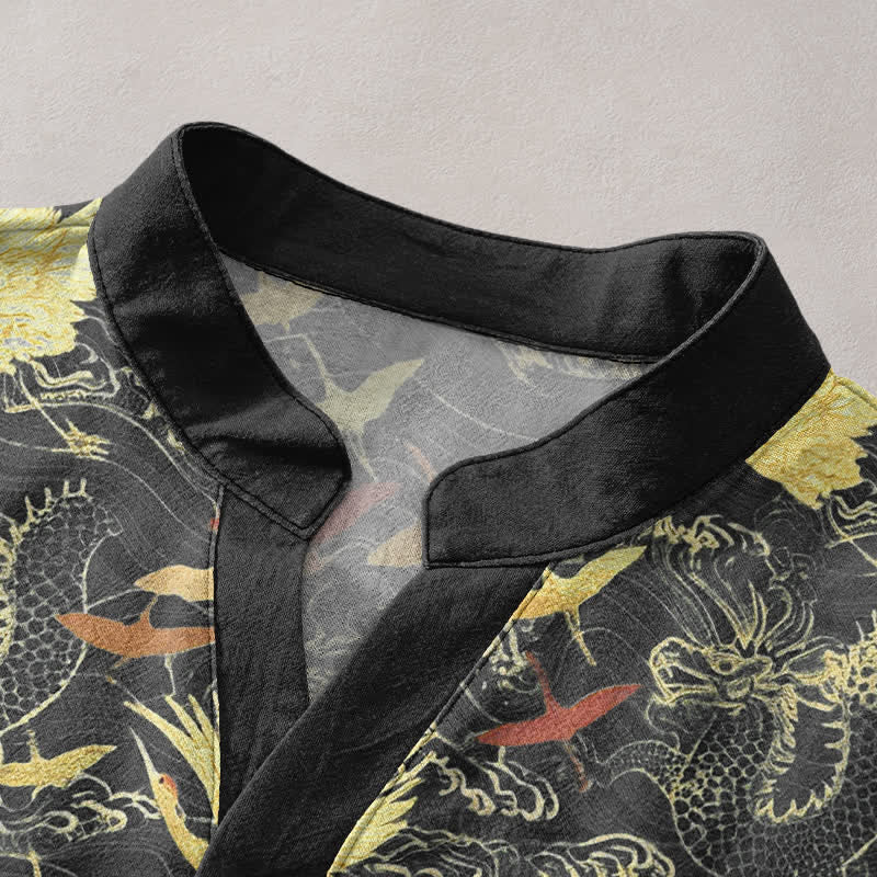 Buddha Stones Chemise homme à manches courtes et demi-boutonnée en coton à motif de grues volantes - image 2