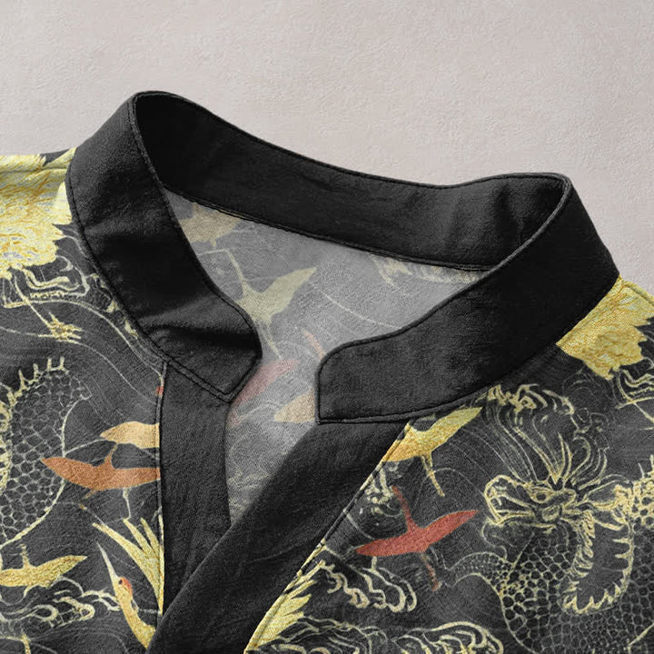 Buddha Stones Chemise homme à manches courtes et demi-boutonnée en coton à motif de grues volantes - image 2