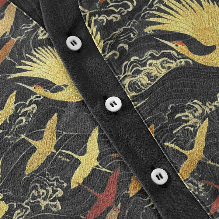 Buddha Stones Chemise homme à manches courtes et demi-boutonnée en coton à motif de grues volantes - image 3