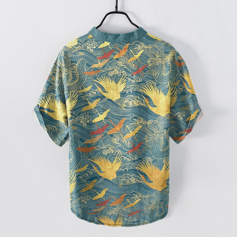 Buddha Stones Chemise homme à manches courtes et demi-boutonnée en coton à motif de grues volantes - image 6