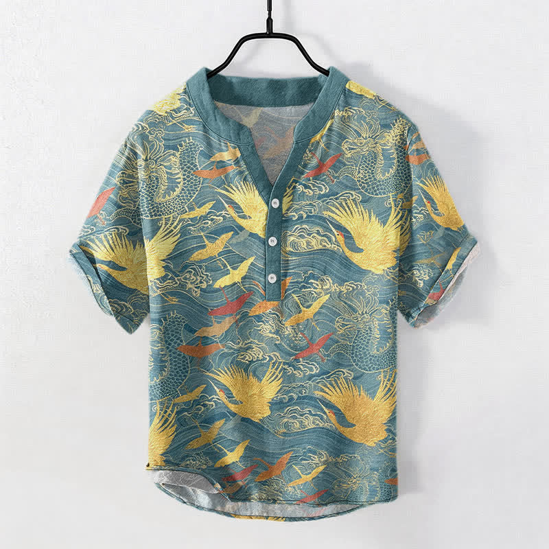 Buddha Stones Chemise homme à manches courtes et demi-boutonnée en coton à motif de grues volantes - Sarcelle - US/UK/AU50，EU60 (5XL) - image 5