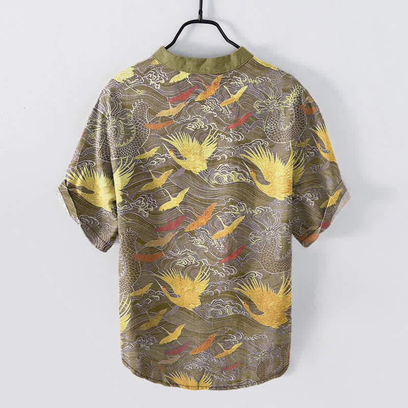 Buddha Stones Chemise homme à manches courtes et demi-boutonnée en coton à motif de grues volantes - image 8