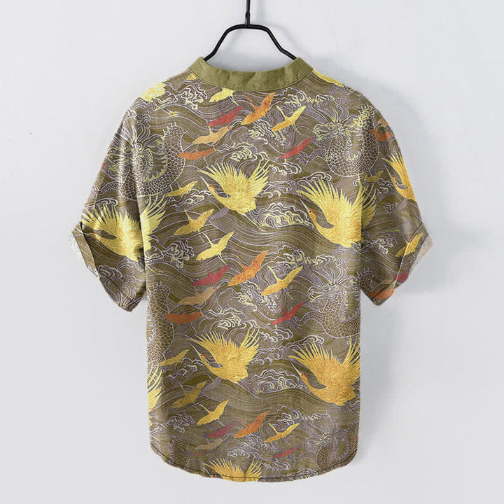 Buddha Stones Chemise homme à manches courtes et demi-boutonnée en coton à motif de grues volantes - image 8