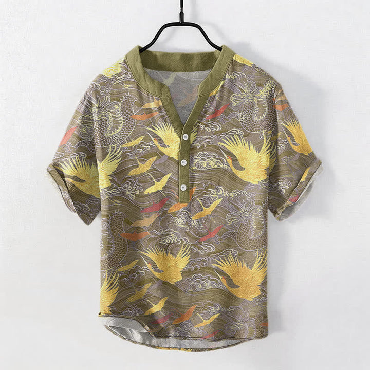 Buddha Stones Chemise homme à manches courtes et demi-boutonnée en coton à motif de grues volantes - Olive - US/UK/AU50，EU60 (5XL) - image 7