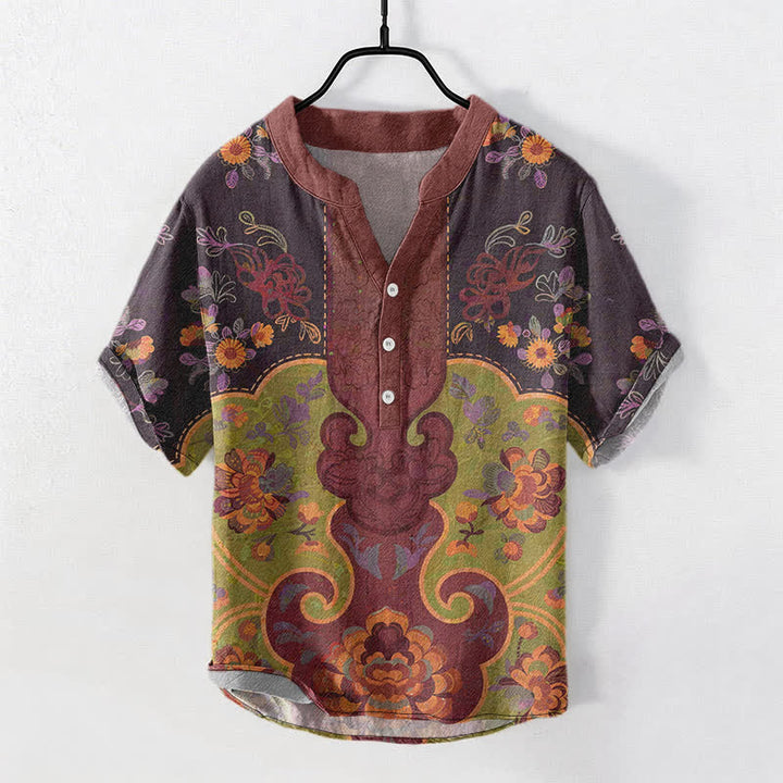 Buddha Stones Chemise homme à manches courtes et demi-boutonnages, motif floral baroque en coton - Bordeaux - US/UK/AU50，EU60 (5XL) - image 0