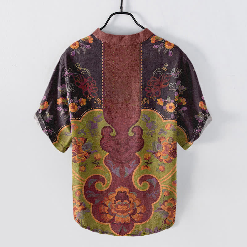 Buddha Stones Chemise homme à manches courtes et demi-boutonnages, motif floral baroque en coton - image 1