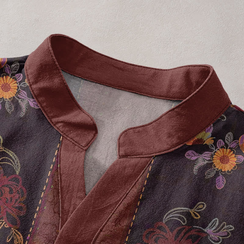 Buddha Stones Chemise homme à manches courtes et demi-boutonnages, motif floral baroque en coton - image 2