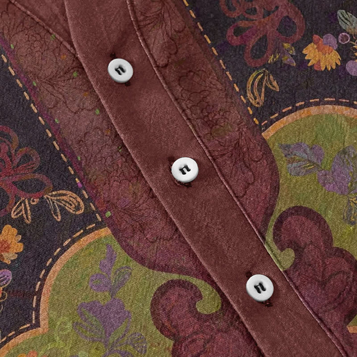 Buddha Stones Chemise homme à manches courtes et demi-boutonnages, motif floral baroque en coton - image 3