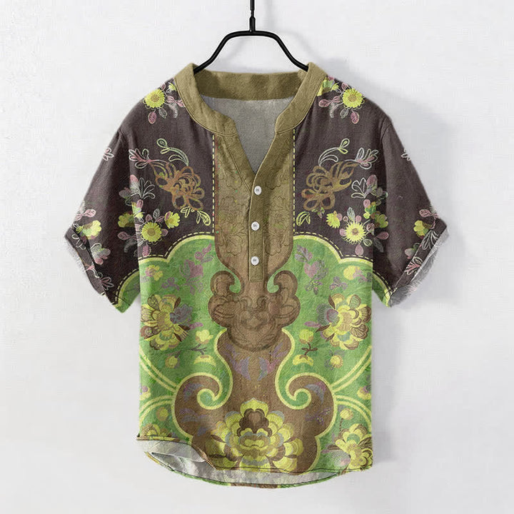 Buddha Stones Chemise homme à manches courtes et demi-boutonnages, motif floral baroque en coton - Olive - US/UK/AU50，EU60 (5XL) - image 5