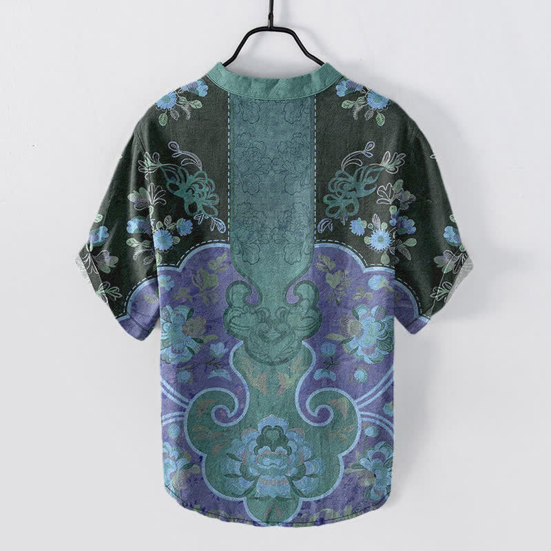 Buddha Stones Chemise homme à manches courtes et demi-boutonnages, motif floral baroque en coton - image 8