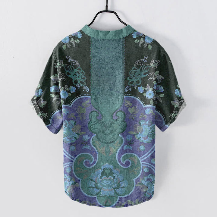 Buddha Stones Chemise homme à manches courtes et demi-boutonnages, motif floral baroque en coton - image 8