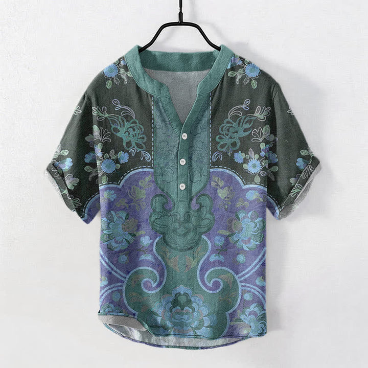 Buddha Stones Chemise homme à manches courtes et demi-boutonnages, motif floral baroque en coton - Sarcelle - US/UK/AU50，EU60 (5XL) - image 7