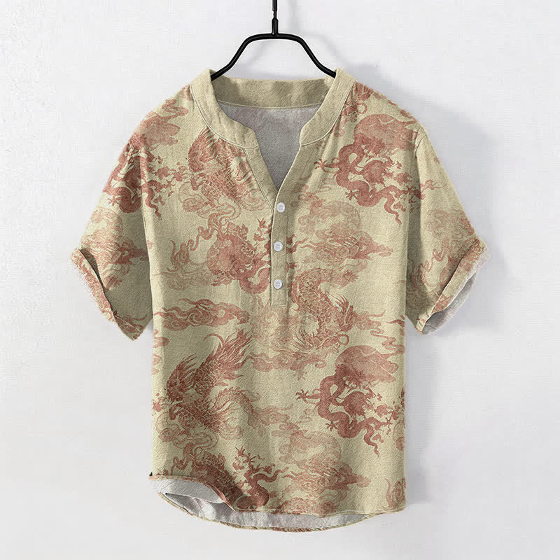 Buddha Stones Chemise homme à manches courtes et demi-boutonnages, en coton vintage à motif dragon - Blé - US/UK/AU50，EU60 (5XL) - image 0