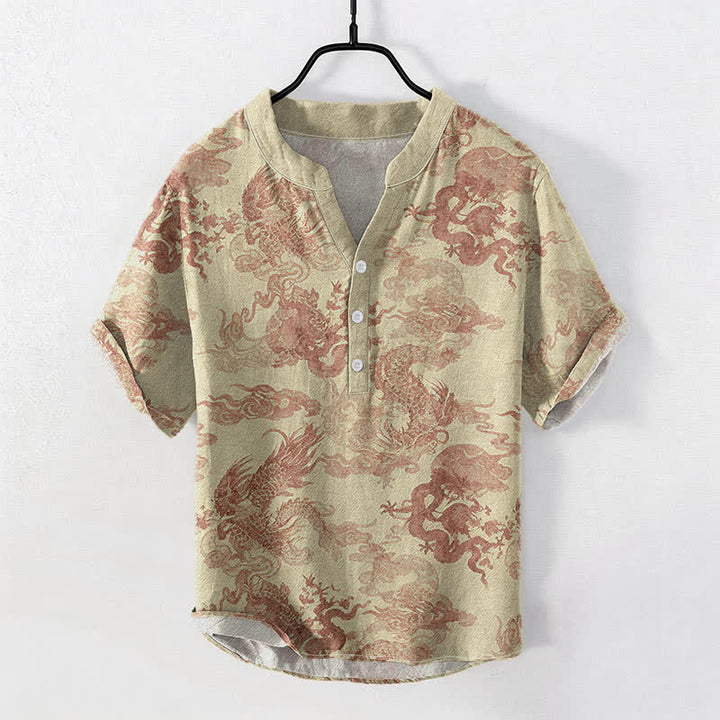 Buddha Stones Chemise homme à manches courtes et demi-boutonnages, en coton vintage à motif dragon - Blé - US/UK/AU50，EU60 (5XL) - image 0