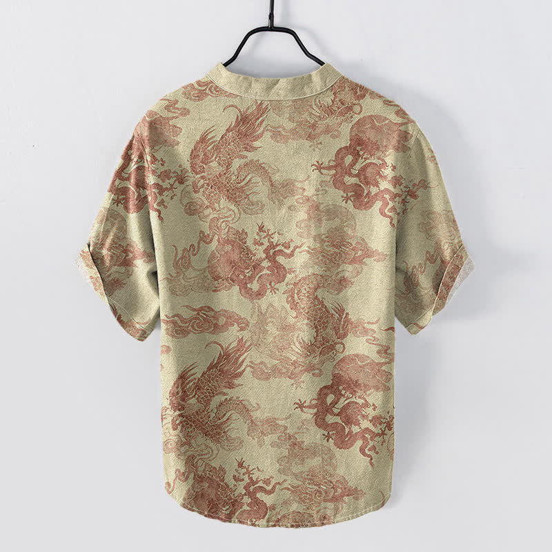 Buddha Stones Chemise homme à manches courtes et demi-boutonnages, en coton vintage à motif dragon - image 1