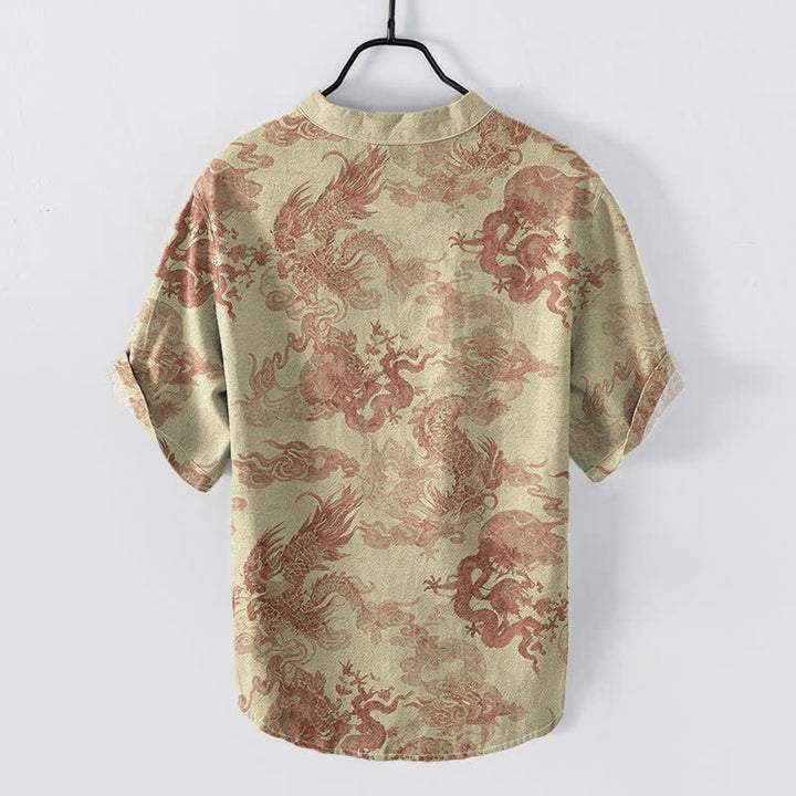 Buddha Stones Chemise homme à manches courtes et demi-boutonnages, en coton vintage à motif dragon - image 1