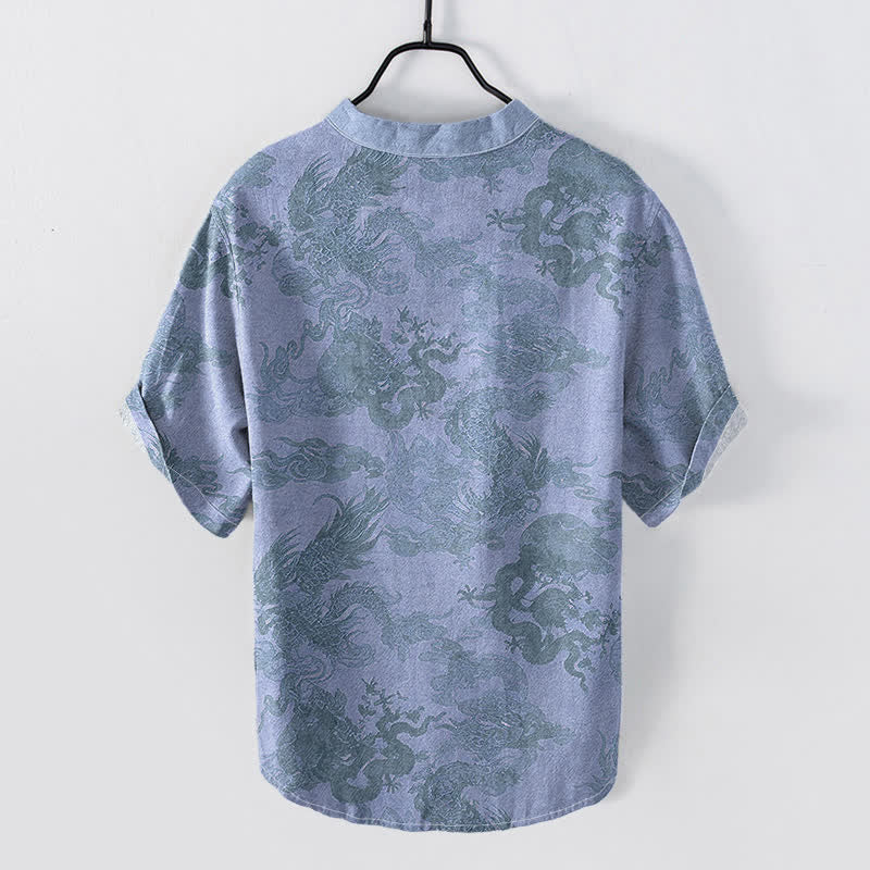 Buddha Stones Chemise homme à manches courtes et demi-boutonnages, en coton vintage à motif dragon - image 4