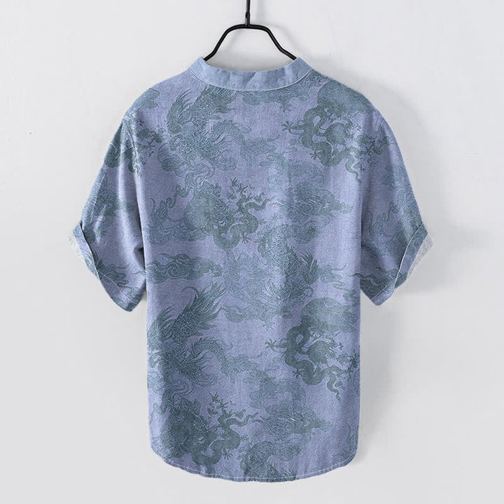 Buddha Stones Chemise homme à manches courtes et demi-boutonnages, en coton vintage à motif dragon - image 4