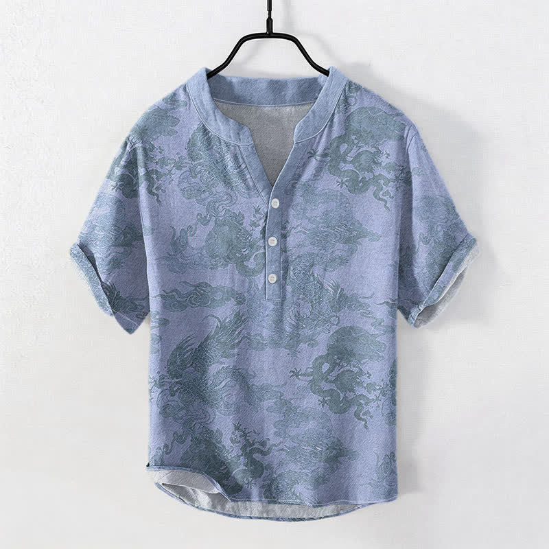 Buddha Stones Chemise homme à manches courtes et demi-boutonnages, en coton vintage à motif dragon - Bleu clair - US/UK/AU50，EU60 (5XL) - image 3