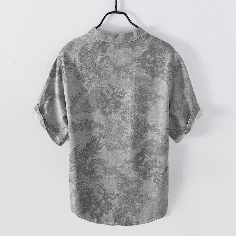 Buddha Stones Chemise homme à manches courtes et demi-boutonnages, en coton vintage à motif dragon - image 6