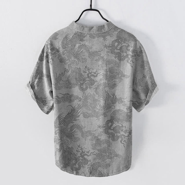 Buddha Stones Chemise homme à manches courtes et demi-boutonnages, en coton vintage à motif dragon - image 6