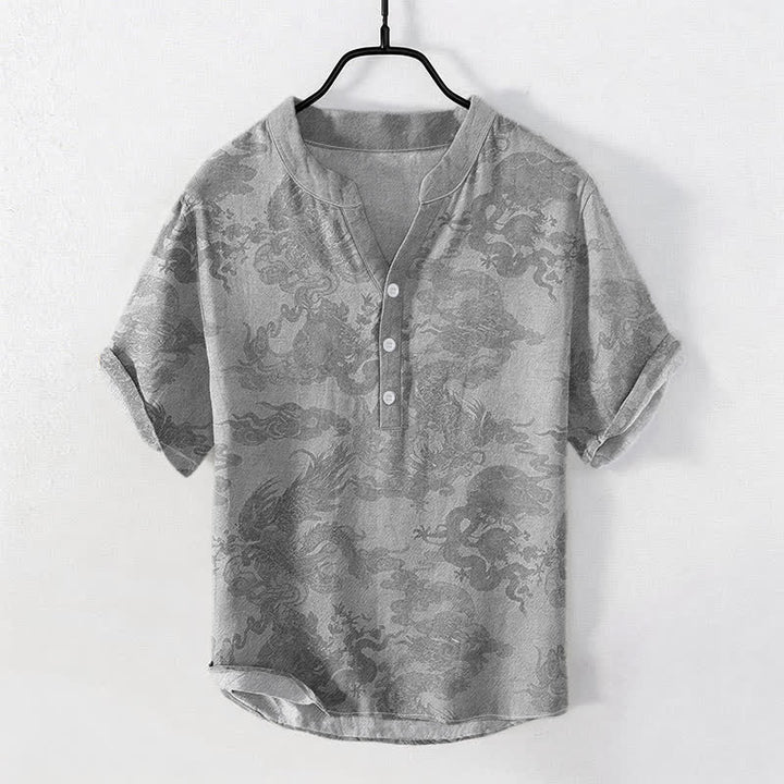 Buddha Stones Chemise homme à manches courtes et demi-boutonnages, en coton vintage à motif dragon - Gris clair - US/UK/AU50，EU60 (5XL) - image 5