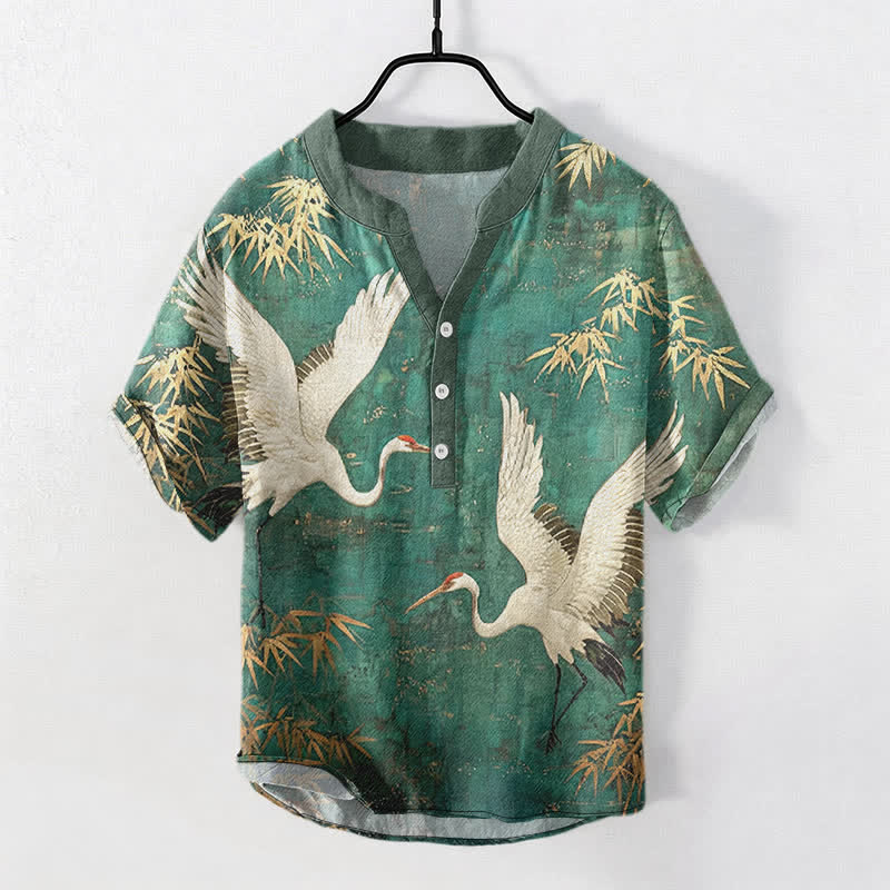 Buddha Stones Chemise homme à manches courtes et demi-boutons, motif grue et bambou en coton - Vert d'eau - US/UK/AU50，EU60 (5XL) - image 0